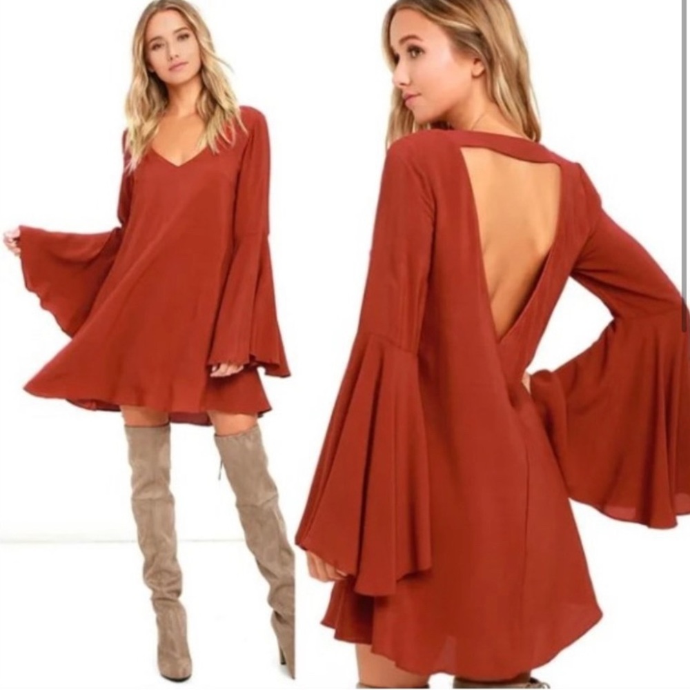 Altar'd State Rust Long Bell Flare Sleeve Cut Out Mini Serra Dress Small New Red